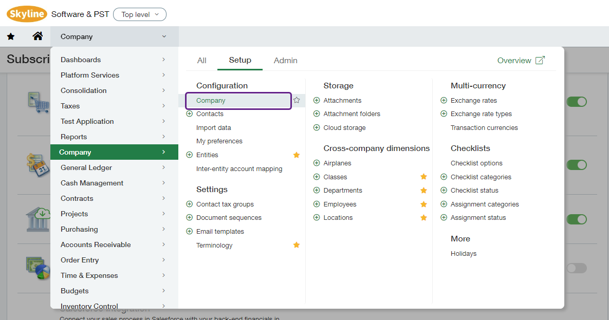 Screenshot of Sage Intacct interface displaying the dropdown menu that follows the Company to Setup to Company path. The Company menu option is highlighted.